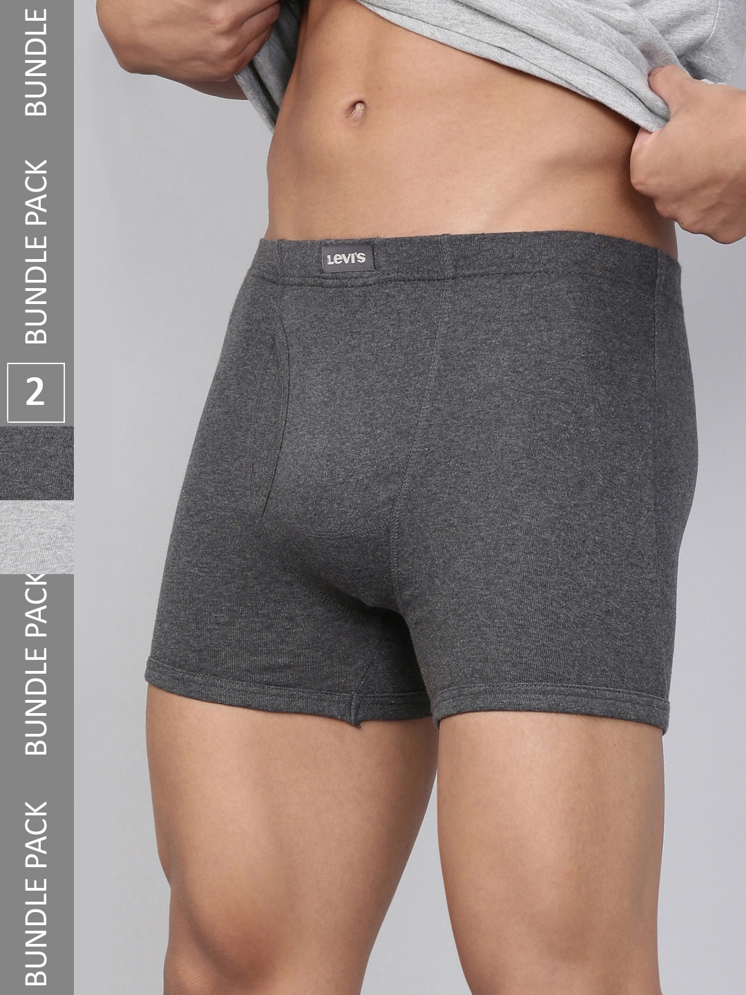 

Levis Men Pack of 2 Pure Cotton Long Length Trunk with Ultrasoft Waistband, Grey melange