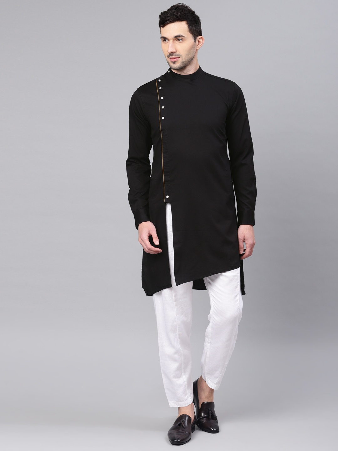 

Freehand Men Black Solid Straight Asymmetric Fusion Kurta