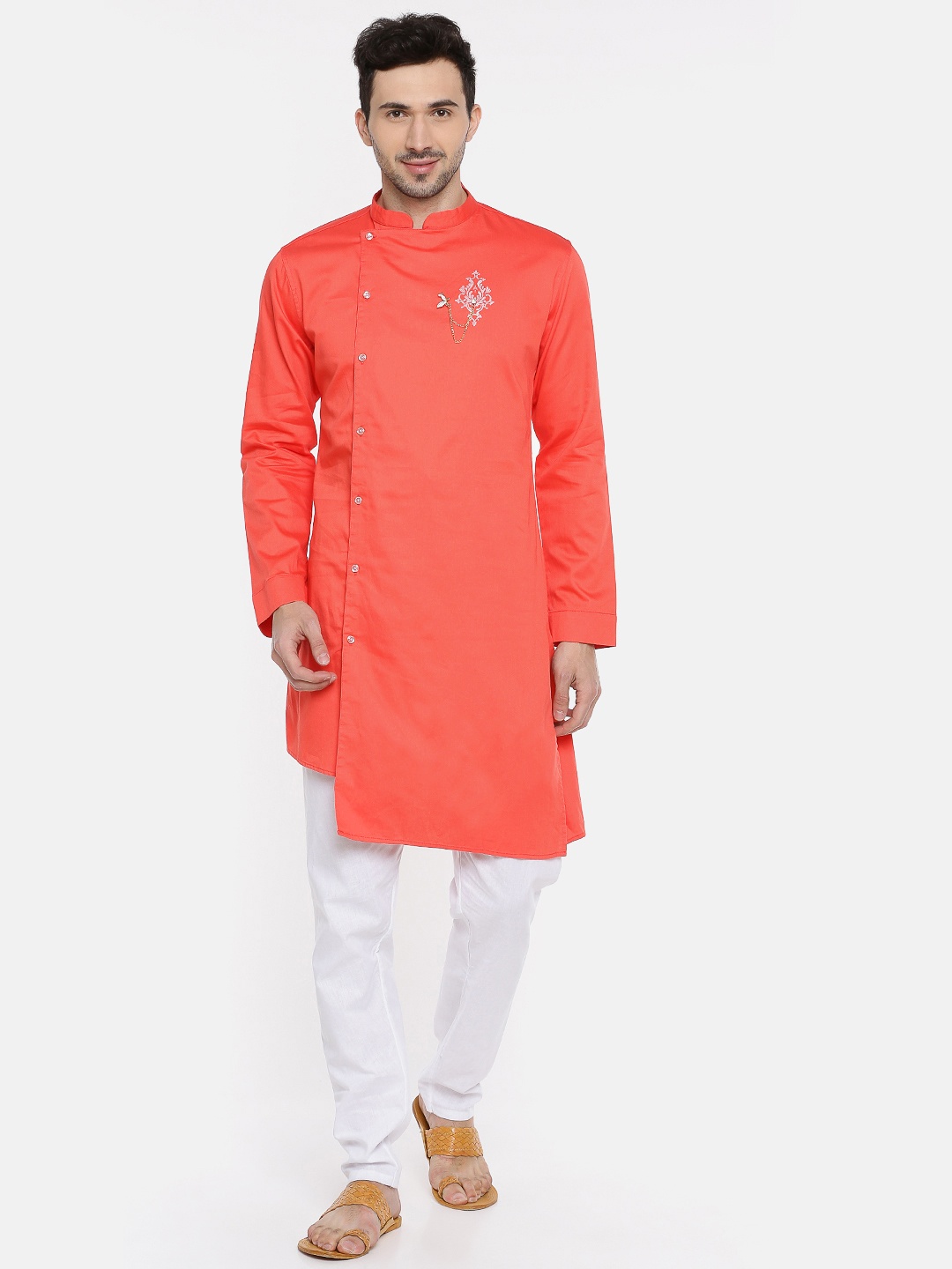

Freehand Men Coral Pink Solid Straight Asymmetric Fusion Kurta