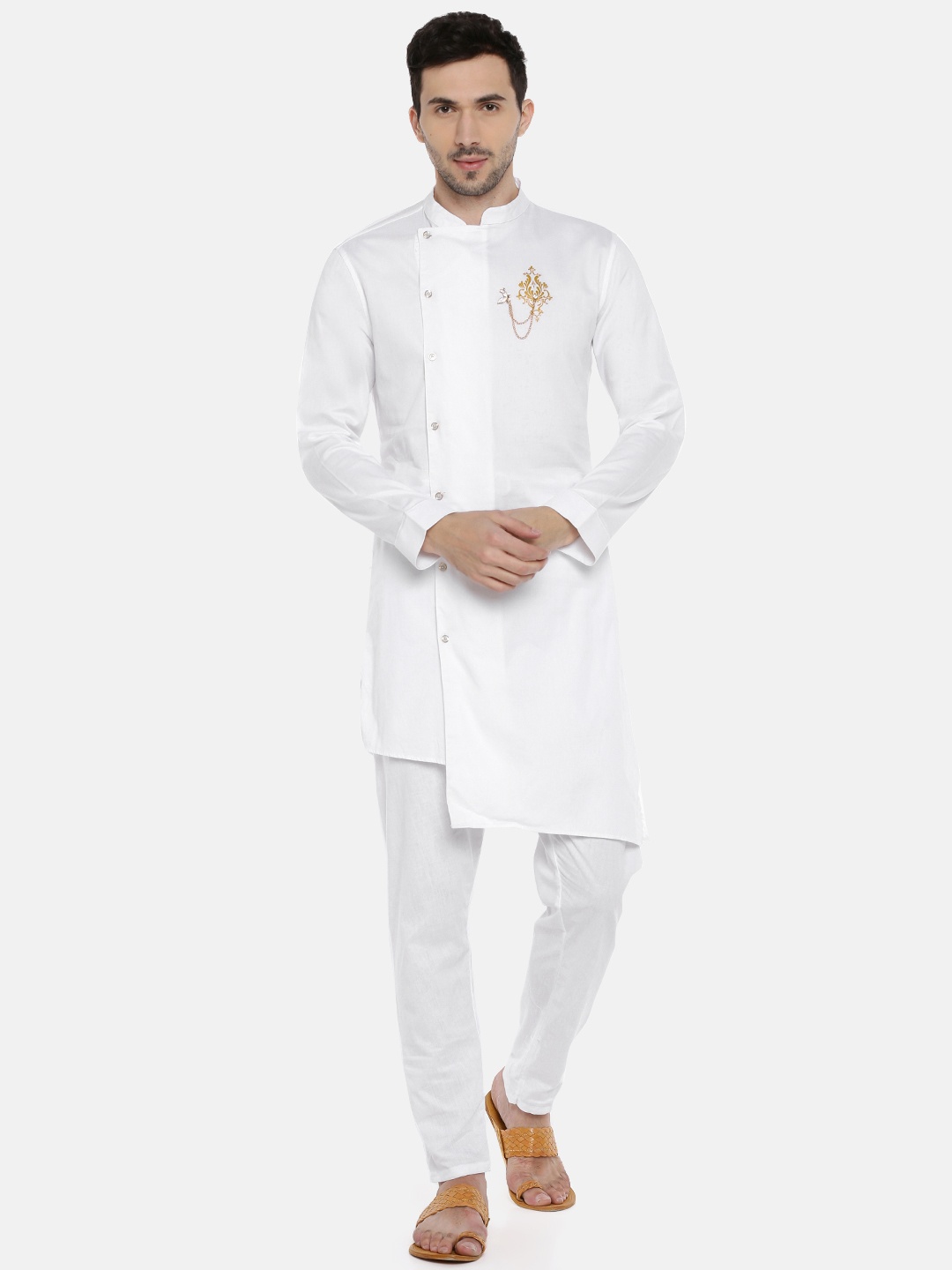 

Freehand Men White Asymmetric Solid Straight Kurta