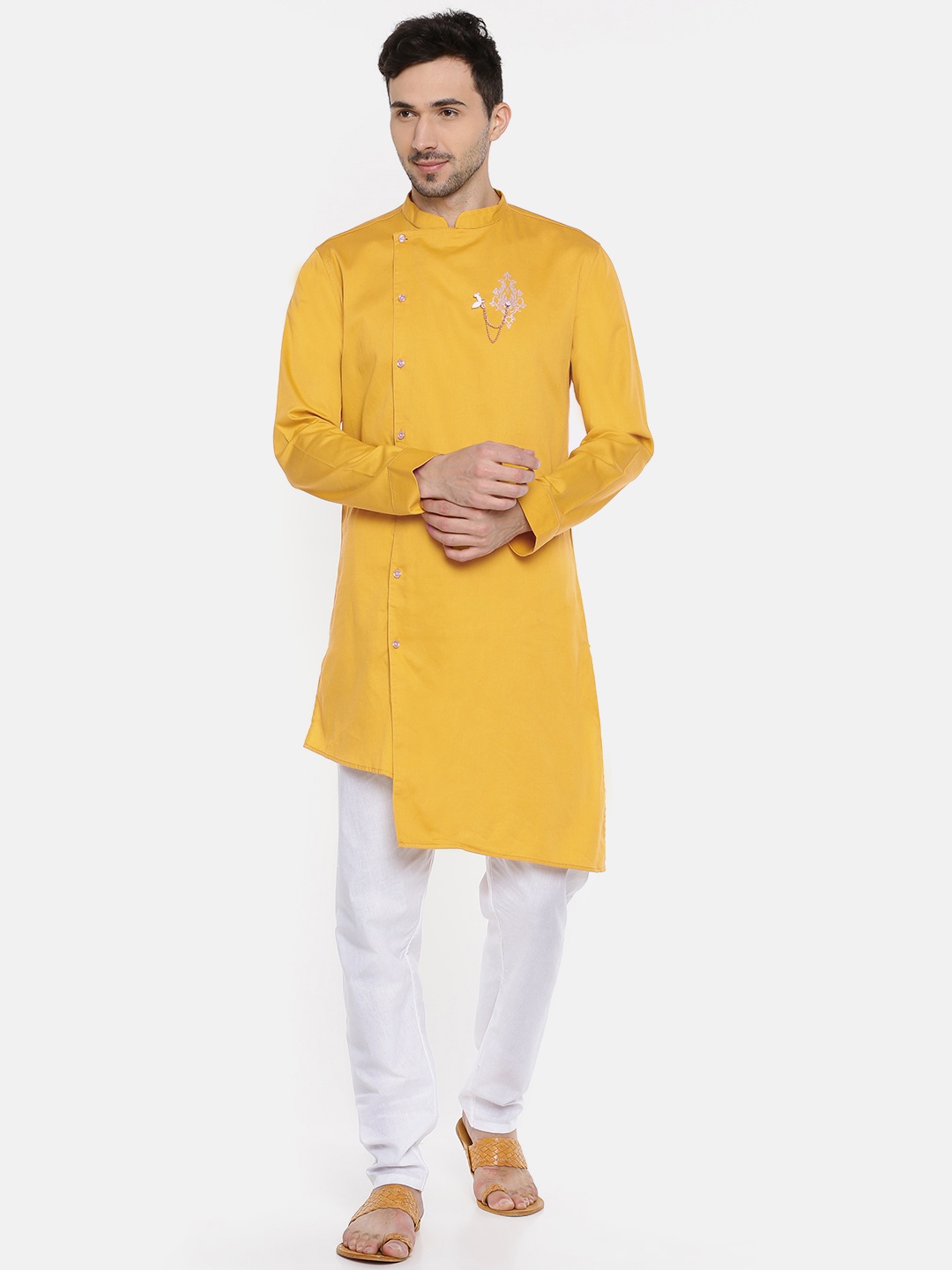 

Freehand Men Mustard Yellow Solid Asymmetric Straight Kurta