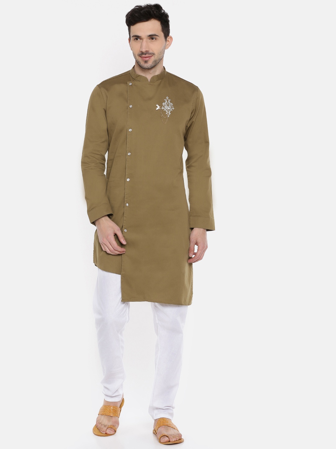 

Freehand Men Olive Green Solid Straight Kurta