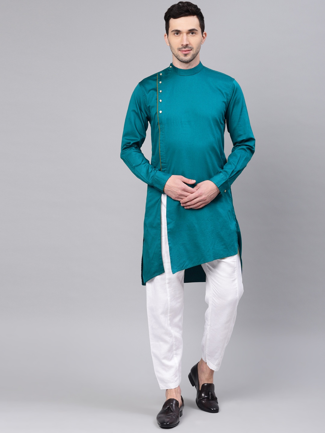 

Freehand Men Teal Green Solid Straight Fusion Kurta