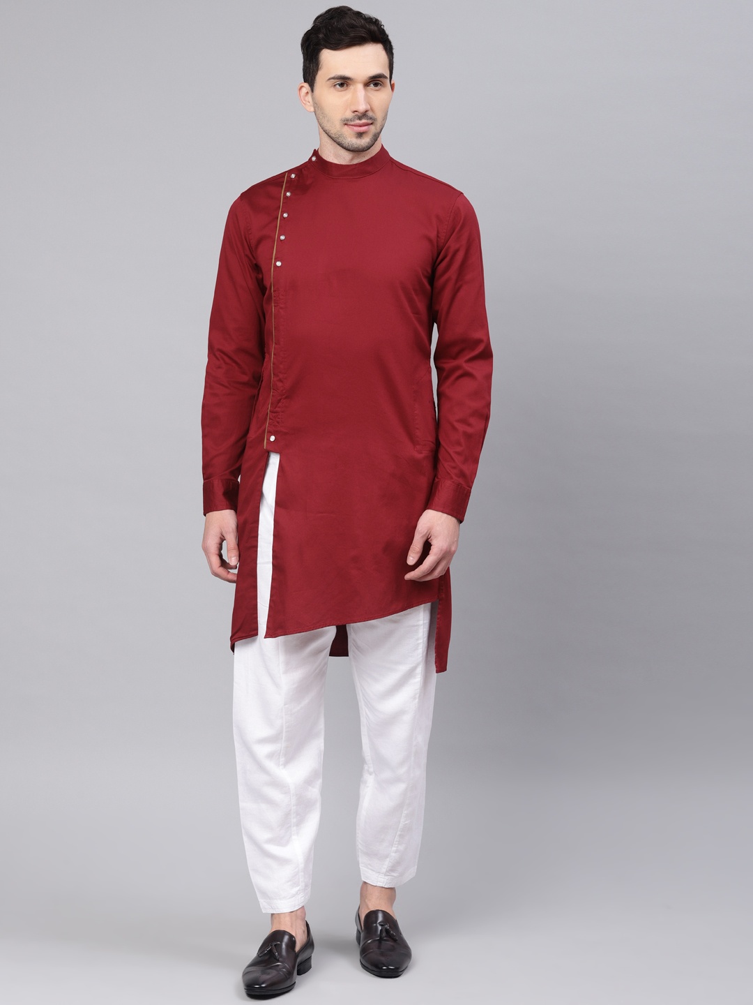 

Freehand Men Maroon Solid Asymmetric Hem Straight Kurta