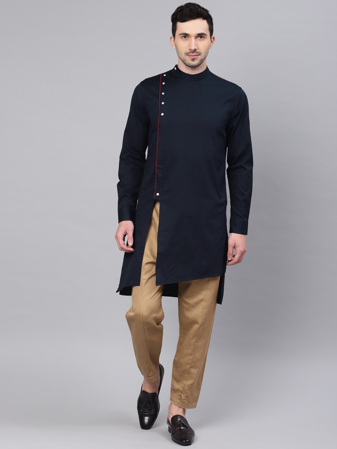 

Freehand Men Navy Blue Solid Straight Fusion Kurta