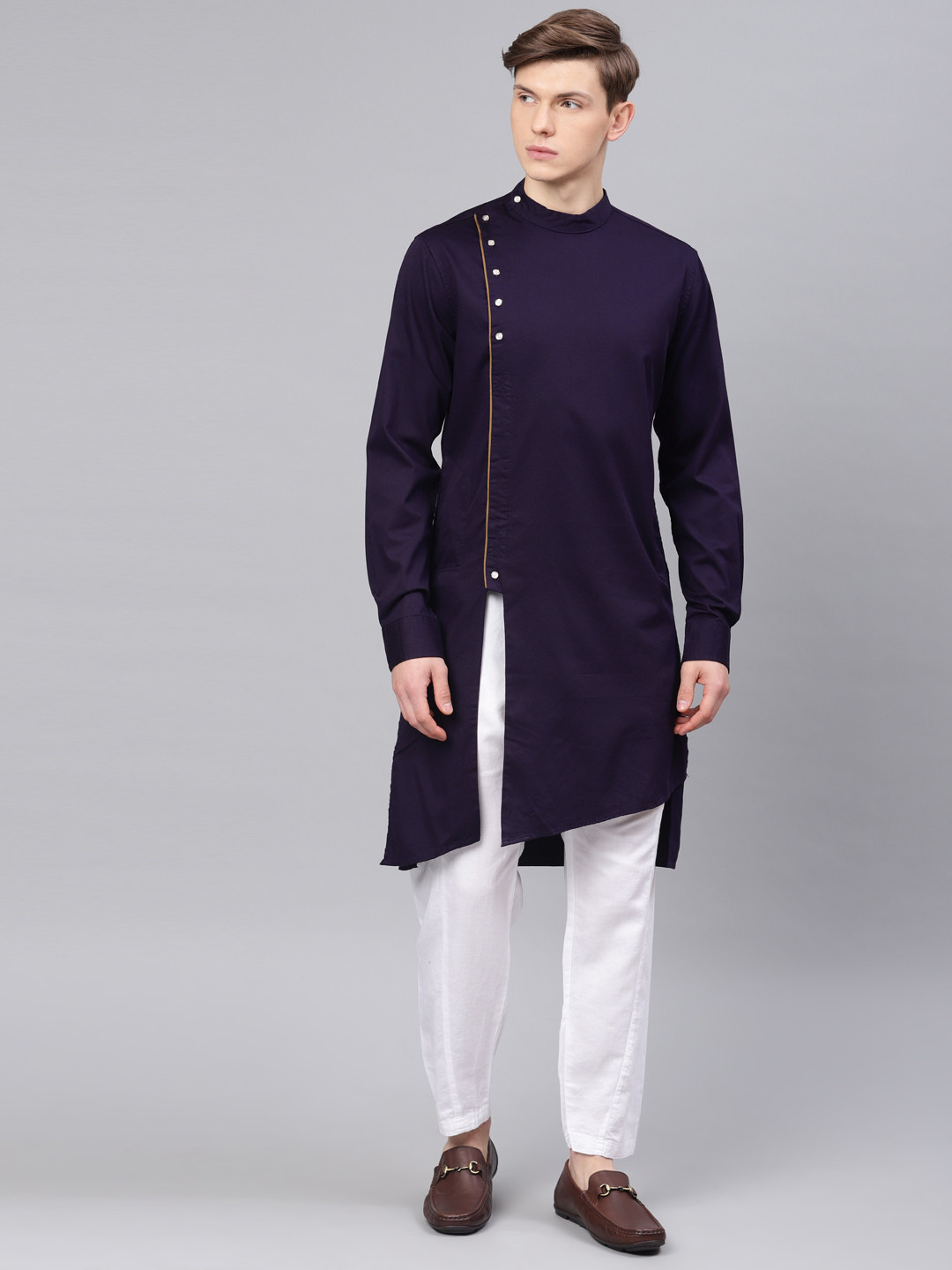 

Freehand Men Purple Solid Asymmetric Straight Kurta