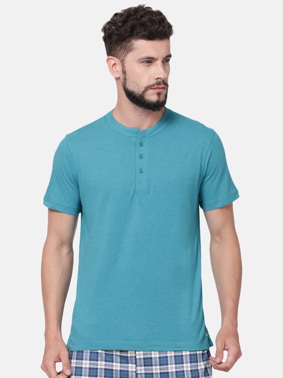 

Levis Men Turquoise Blue Solid Pure Cotton Henley Neck Antimicrobial Lounge T-shirt
