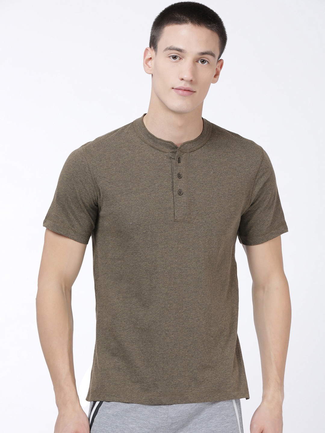 

Levis Men Olive Green Solid Pure Cotton Henley Neck T-shirt