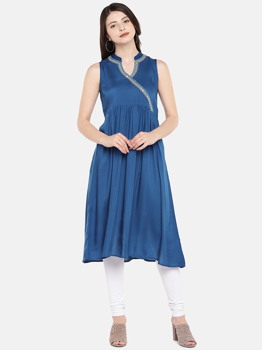 

Globus Women Blue Embroidered A-Line Kurta