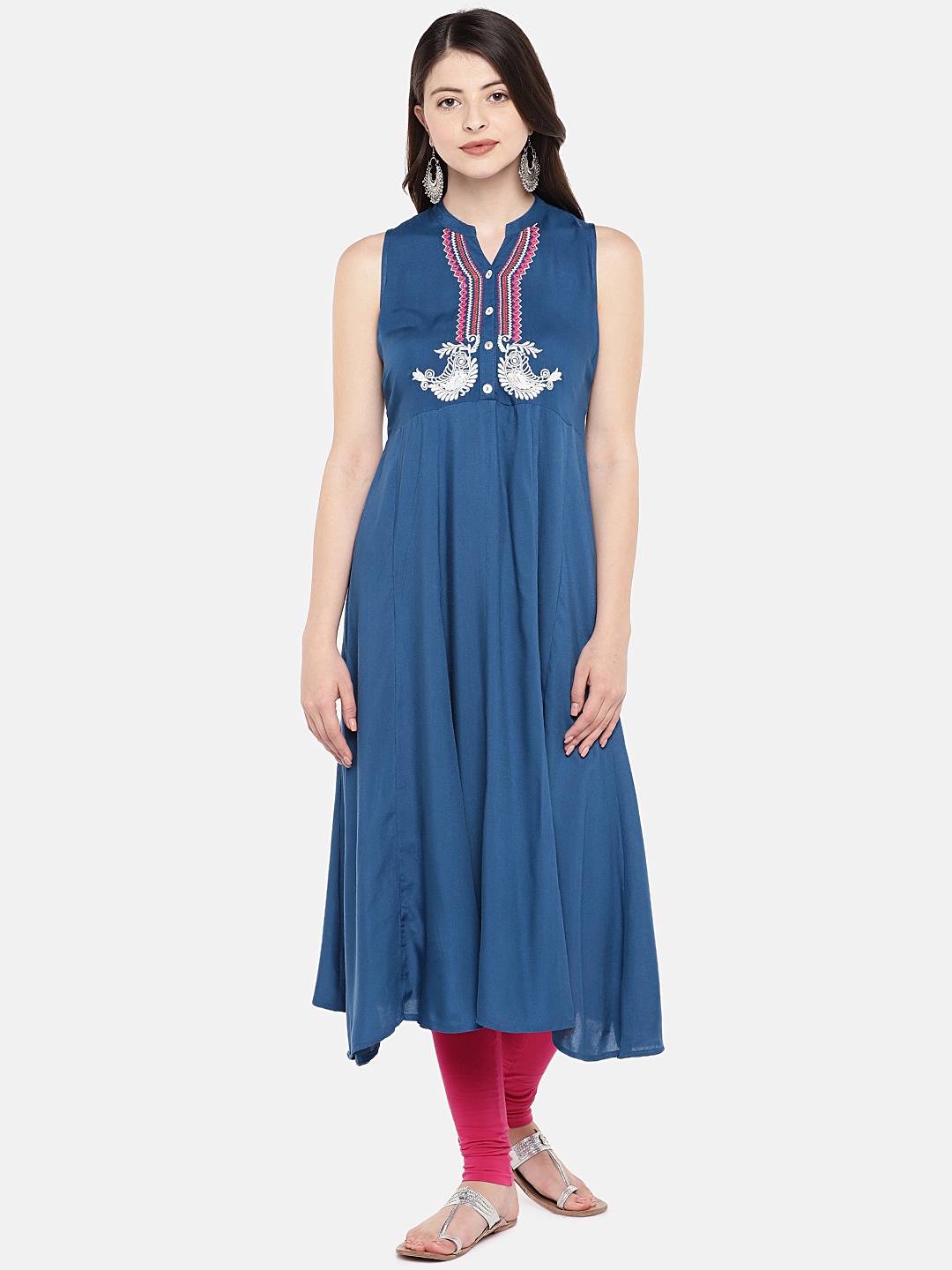 

Globus Women Blue Embroidered A-Line Kurta