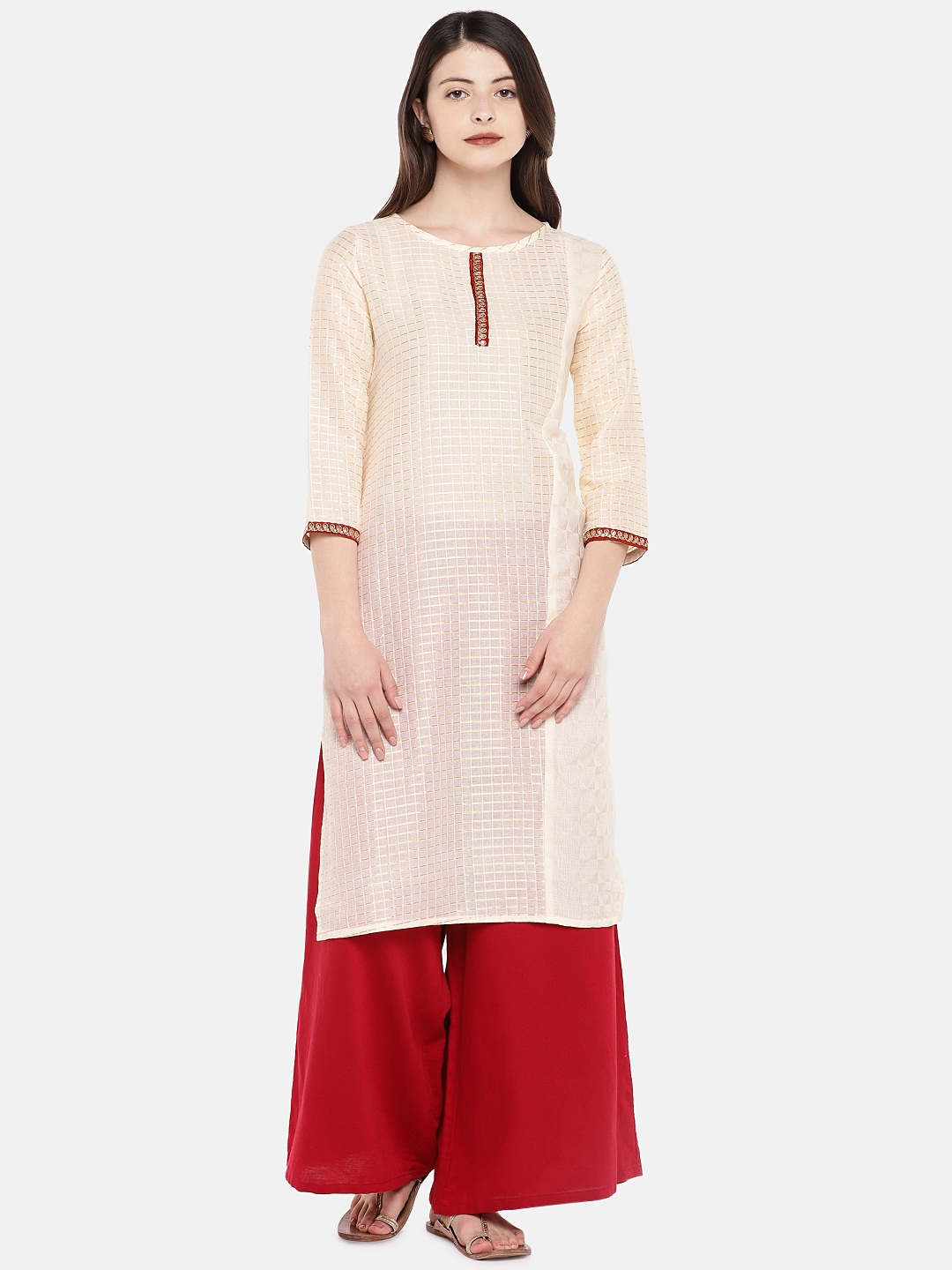 

Globus Women Beige Checked Straight Kurta