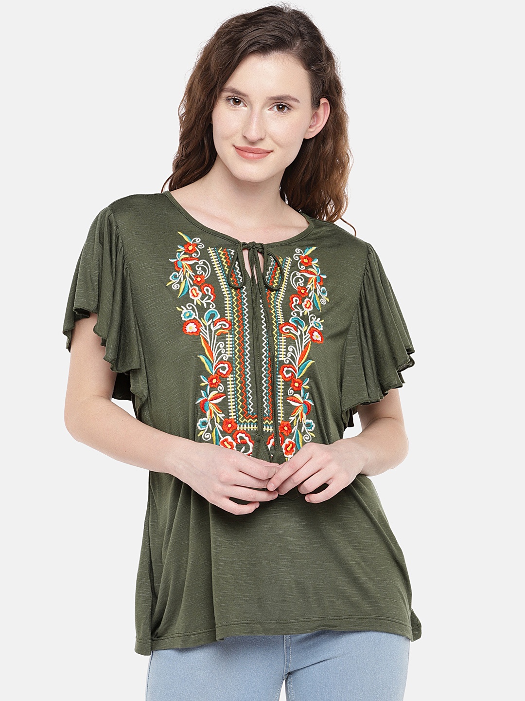 

Globus Women Olive Green Embroidered Top