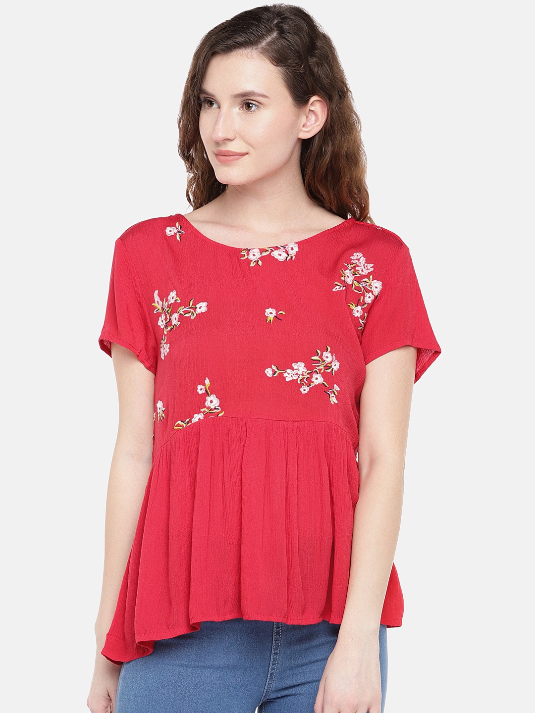 

Globus Women Red Embroidered Empire Top