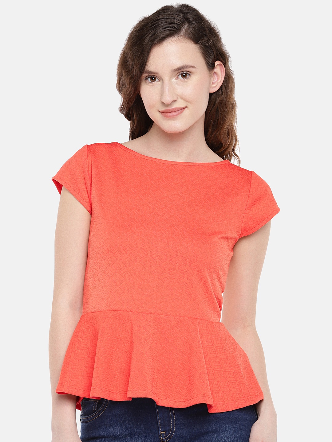 

Globus Women Coral Orange Solid Peplum Top