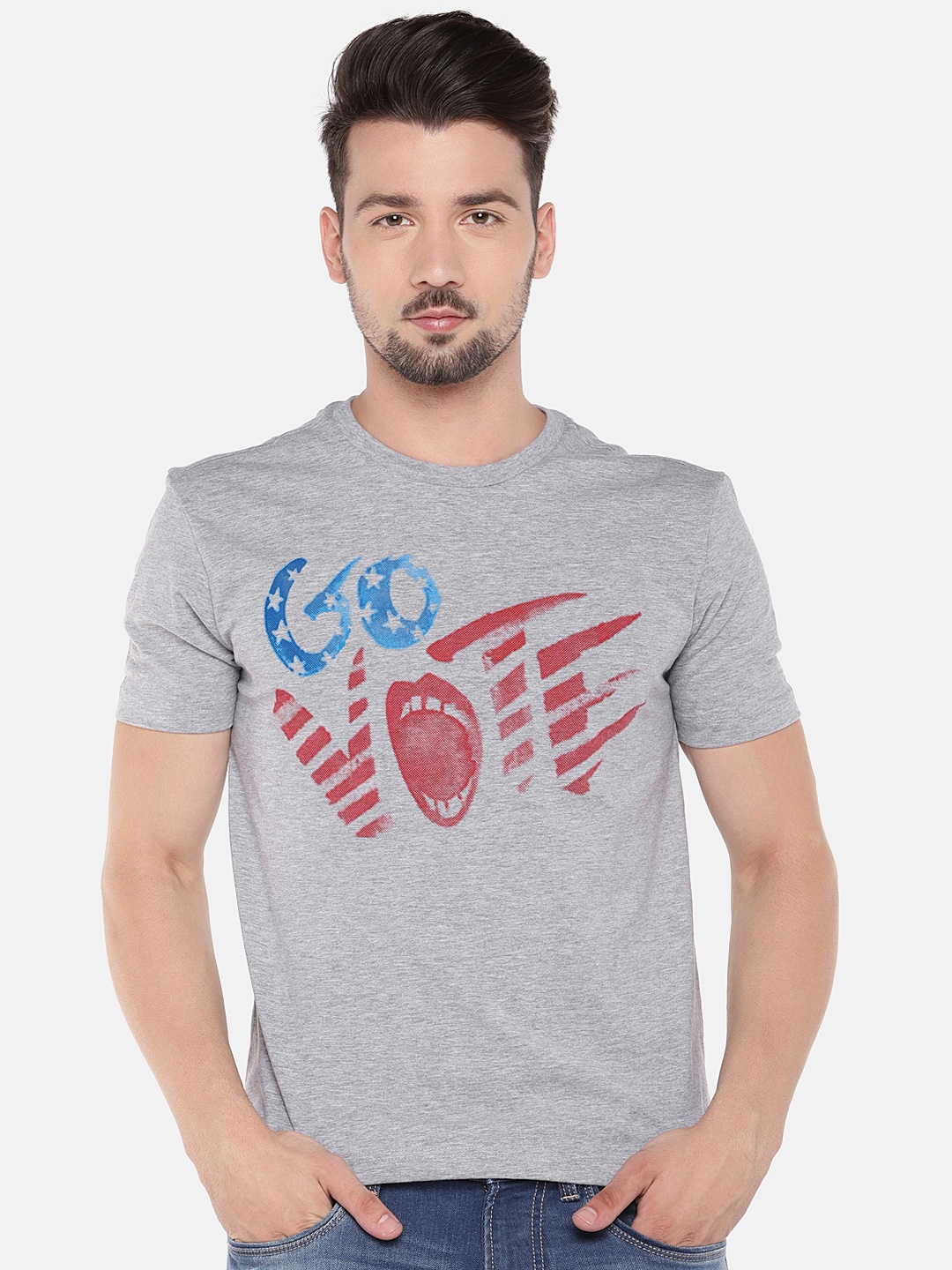 

Globus Men Grey Printed Round Neck T-shirt