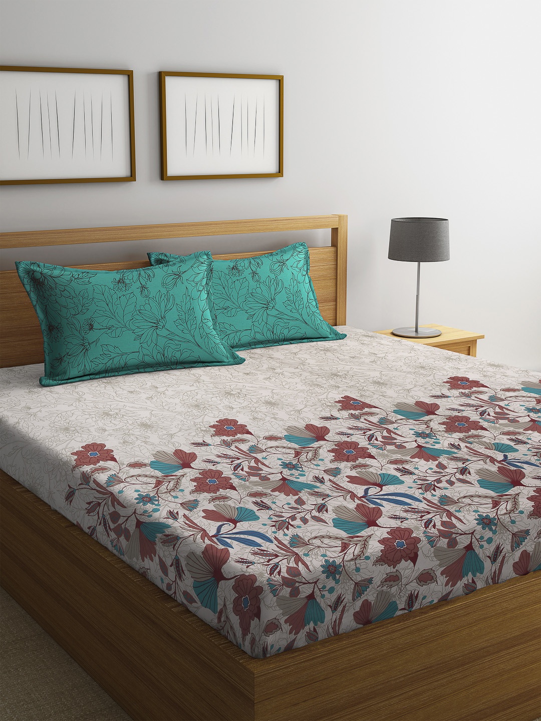 

CORE Designed by SPACES Beige & Brown Floral 144 TC Cotton 1 Queen Bedsheet with 2 Pillow Covers