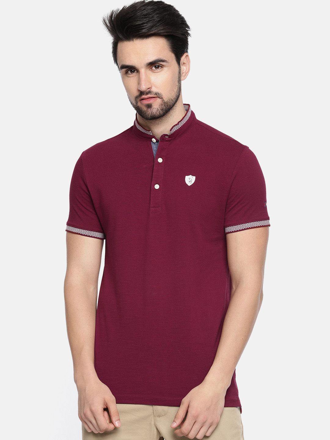 

Being Human Men Maroon Solid Mandarin Collar Pure Cotton T-shirt