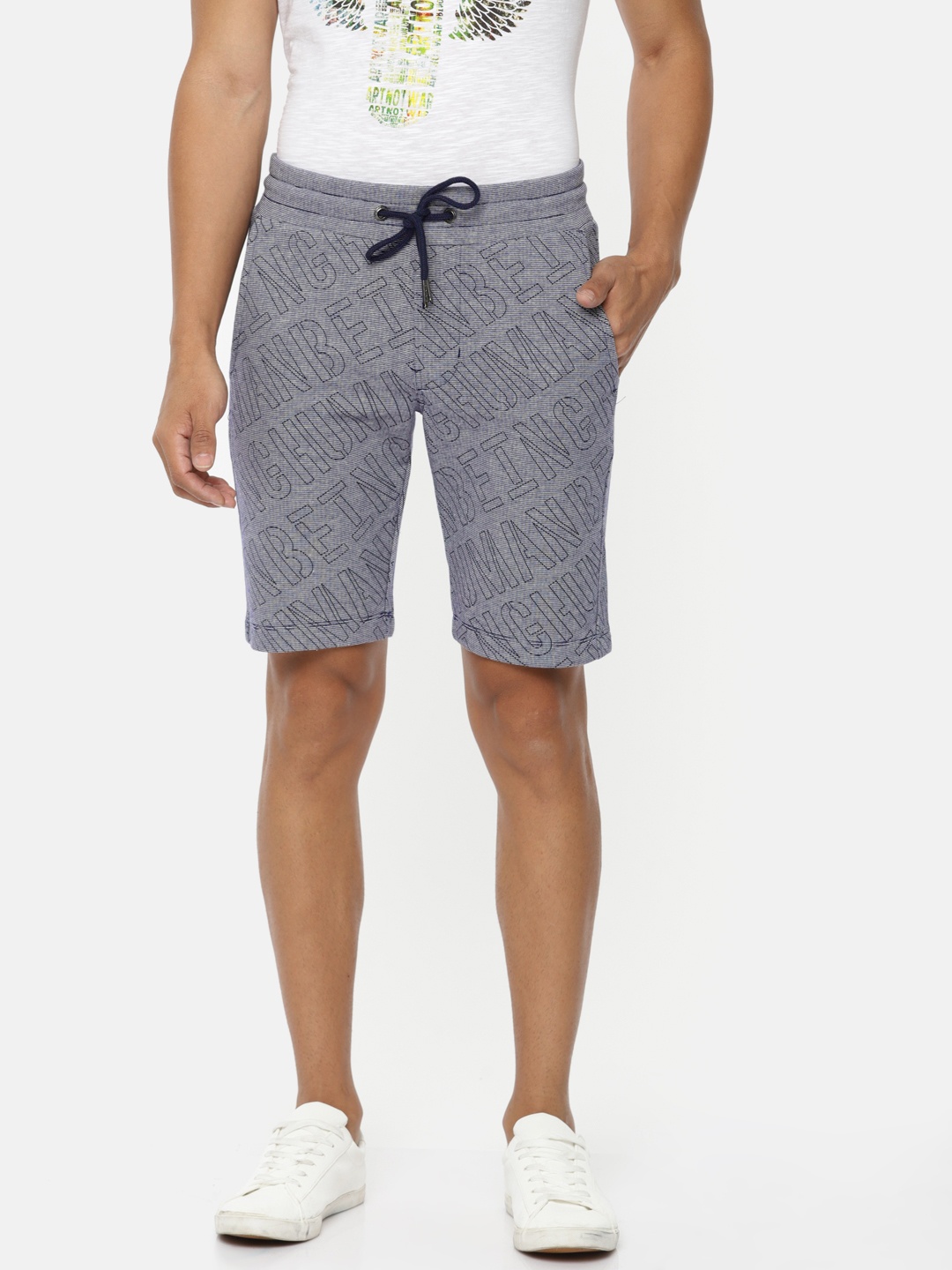 

Being Human Clothing Men Navy Blue & White Printed Slim Fit Regular Shorts