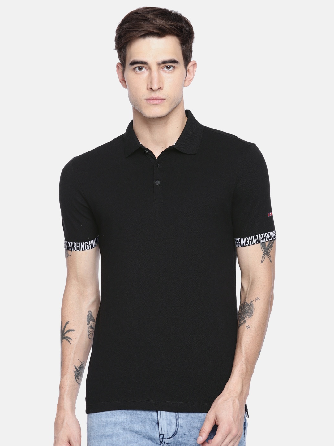 

Being Human Clothing Men Black Solid Polo Collar T-shirt