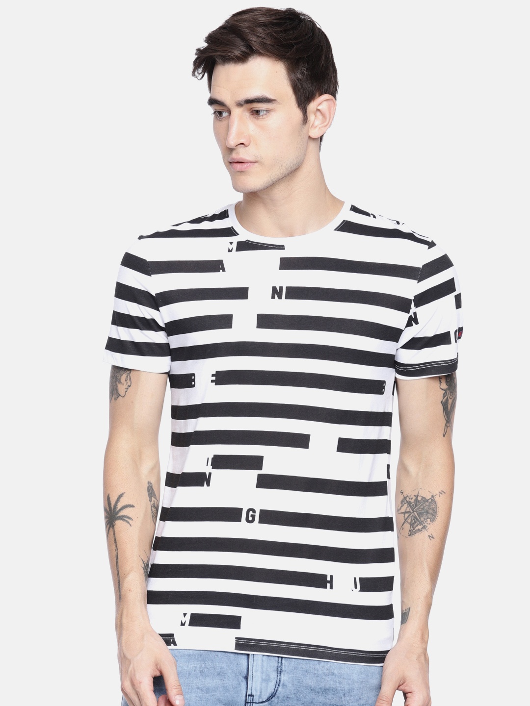 

Being Human Clothing Men White Striped Round Neck Pure Cotton T-shirt