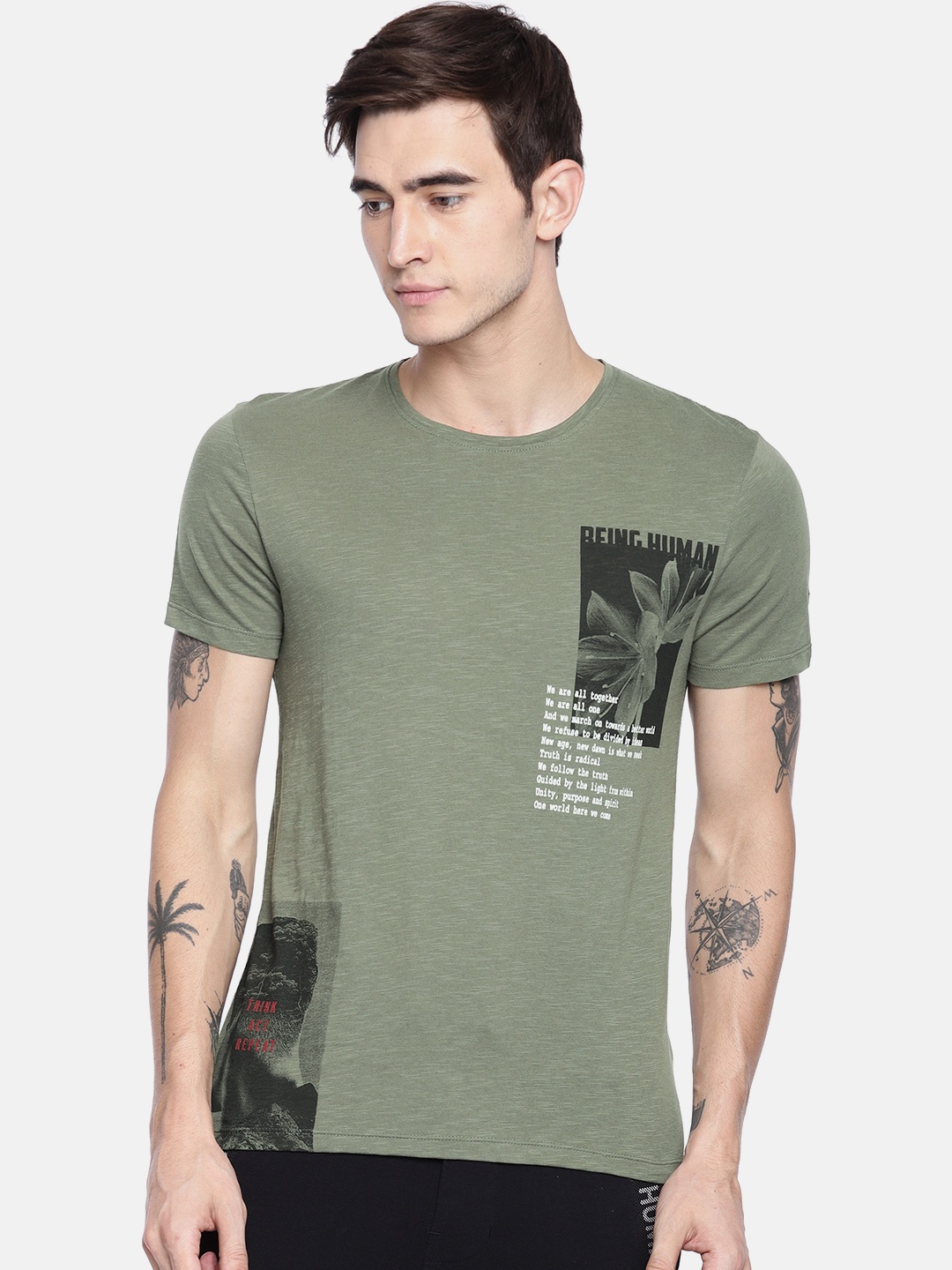 

Being Human Clothing Men Olive Green Printed Pure Cotton T-shirt