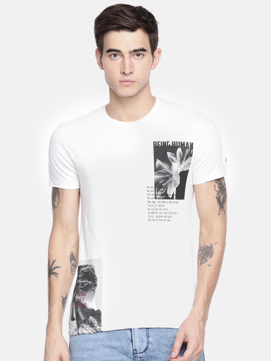 

Being Human Clothing Men White Printed Round Neck Pure Cotton T-shirt