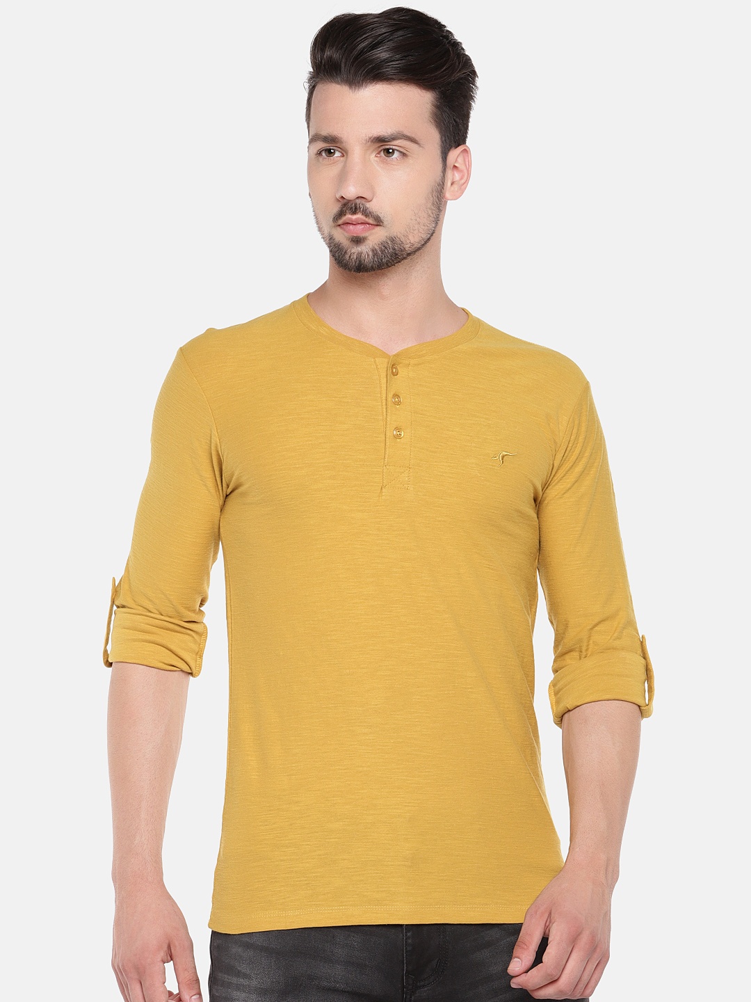 

Globus Men Yellow Solid Mandarin Collar T-shirt