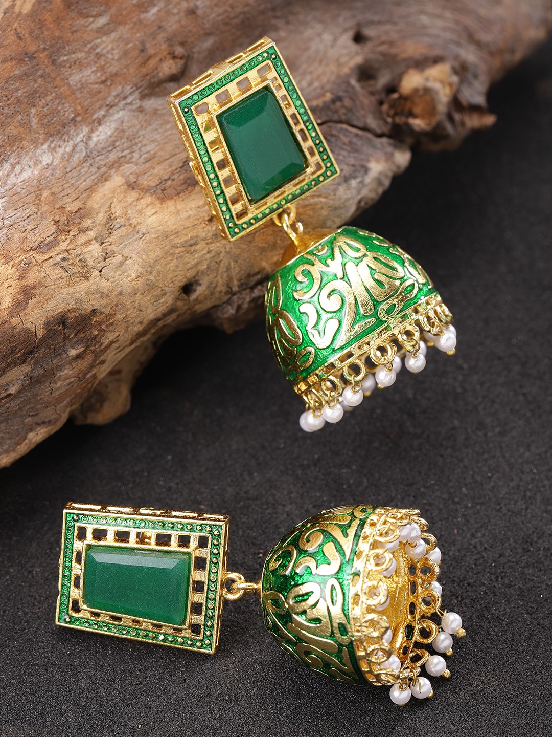 

Zobby Gold-Plated Green Dome Shaped Handcrafted Enamelled Jhumkas