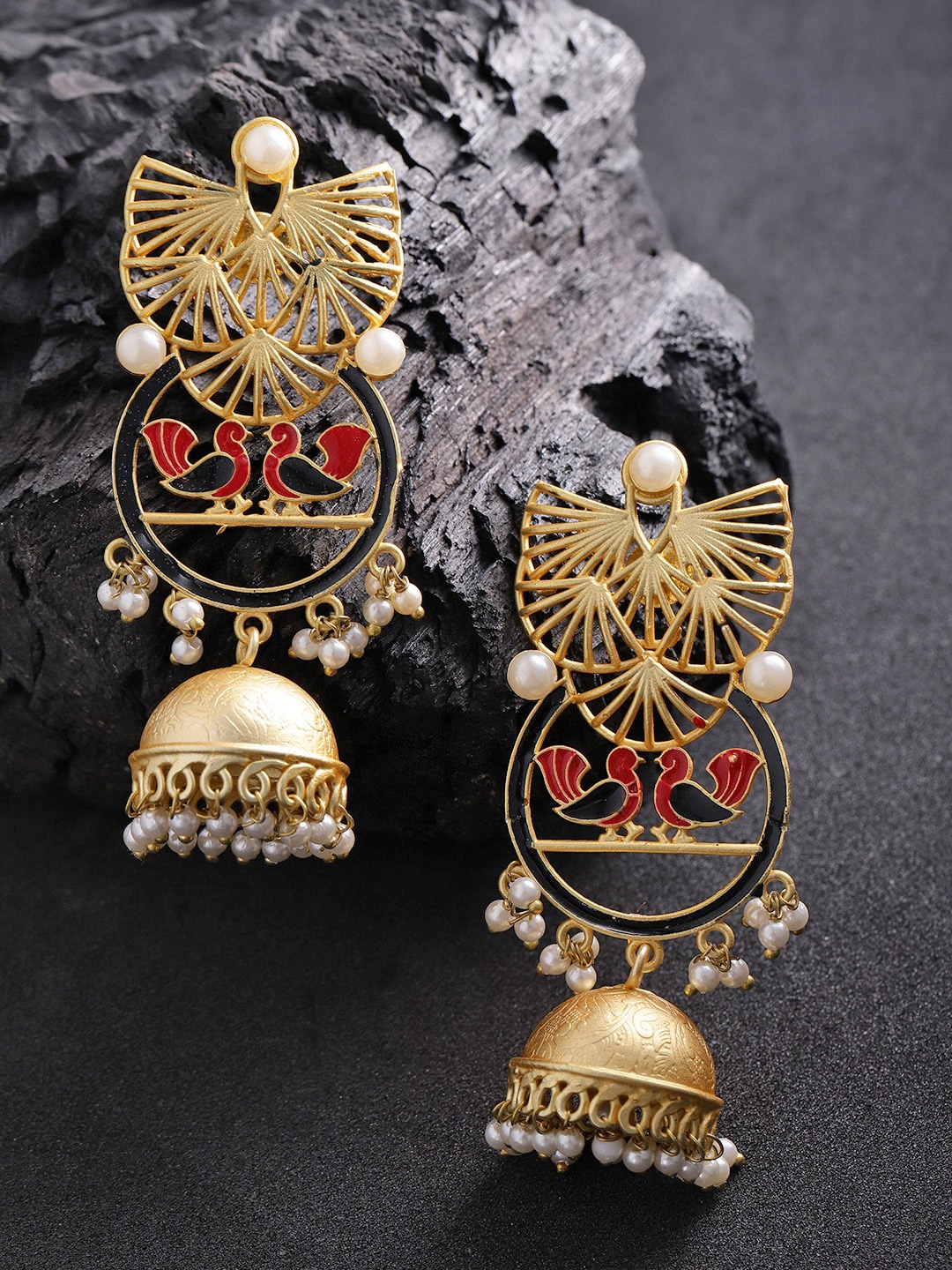 

Zobby Gold-Plated & Red Handcrafted Dome Shaped Jhumkas