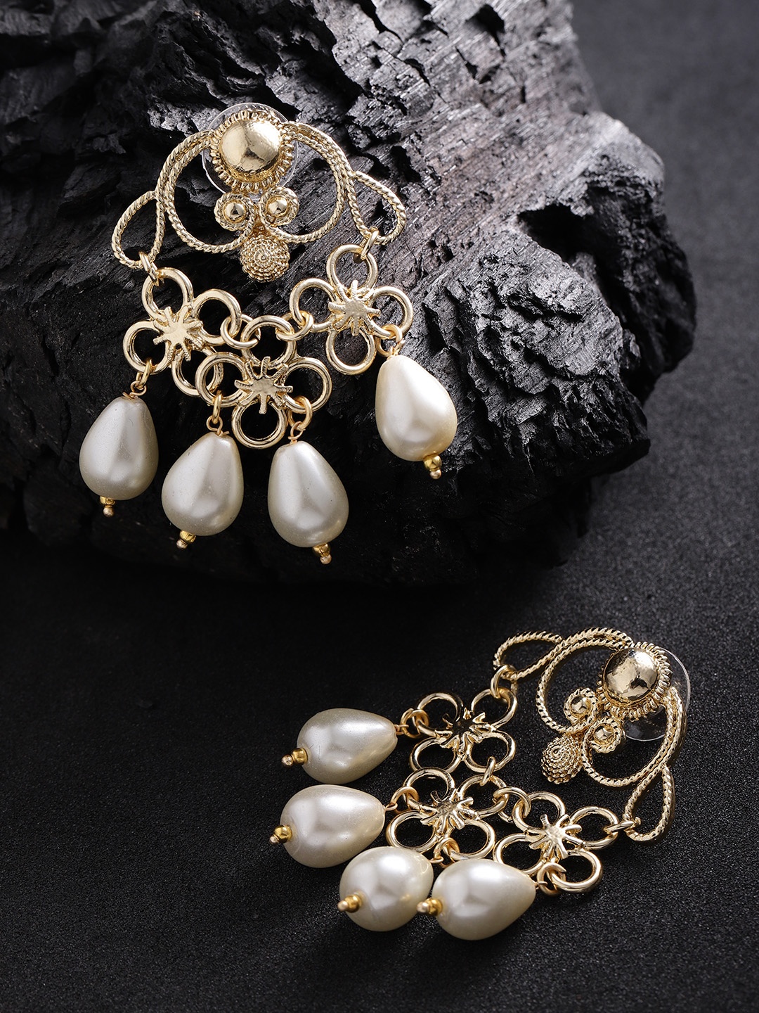 

Zobby Gold-Plated & Off-White Handcrafted Contemporary Drop Earrings