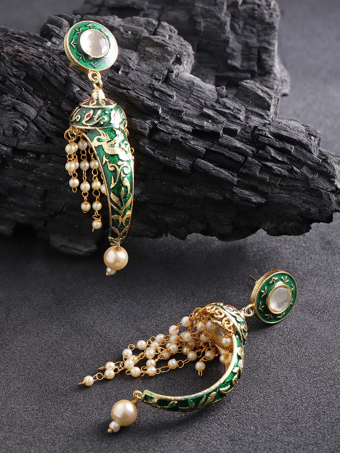 

Zobby Green Gold-Plated Enamelled Handcrafted Classic Drop Earrings