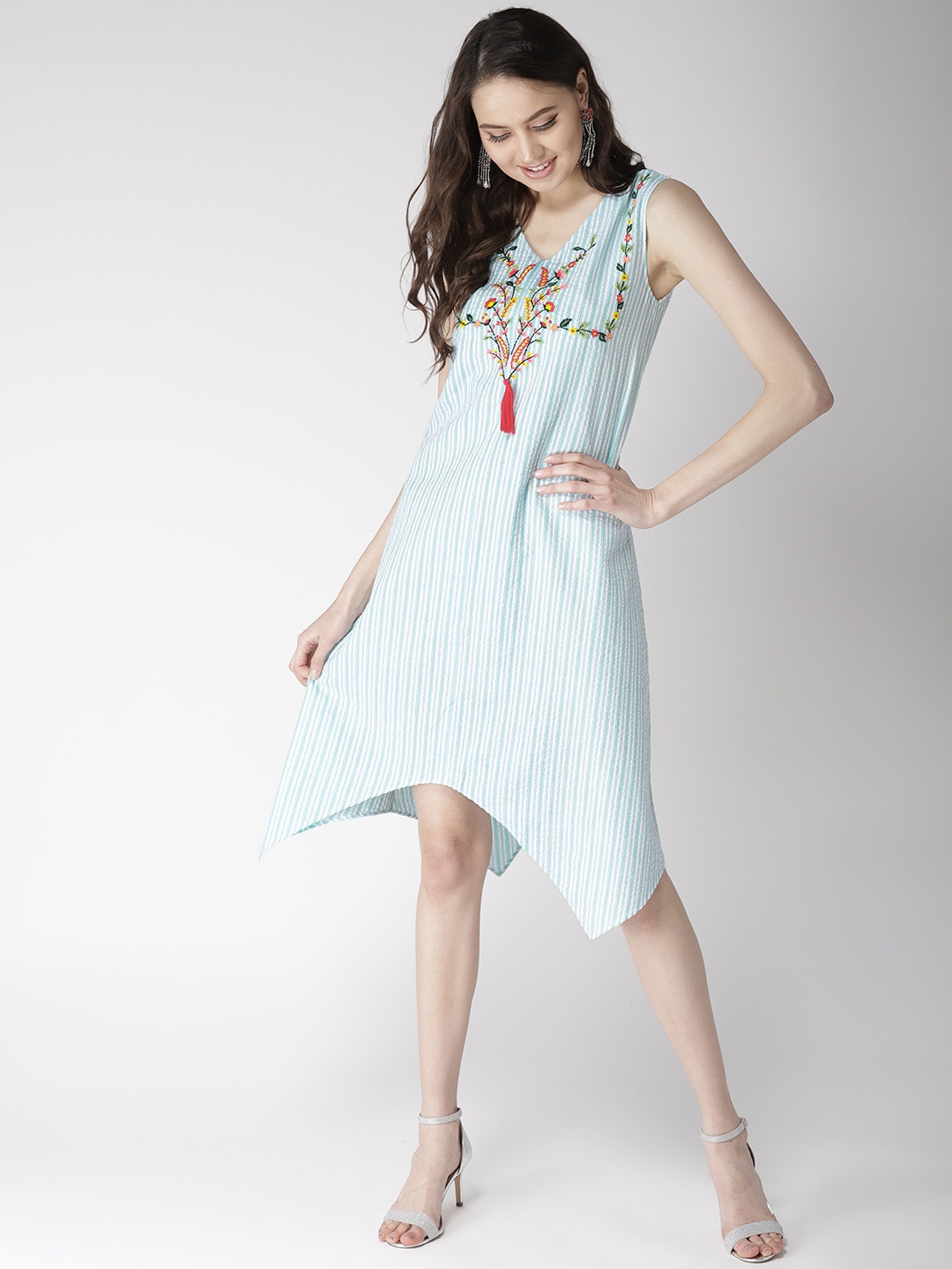 

Antheaa Women Sea Green & White Striped A-Line Dress