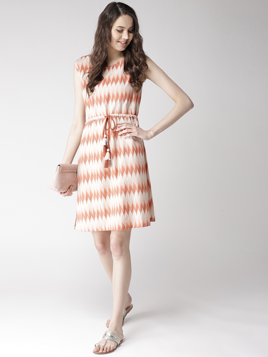 

Antheaa Women Rust Brown & Beige Printed A-Line Dress