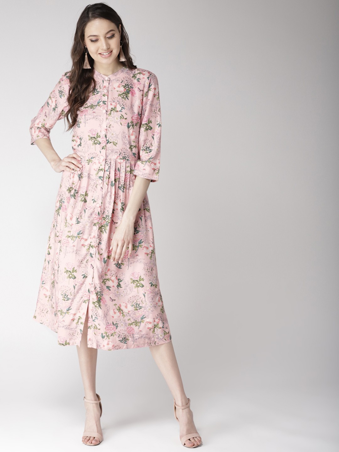 

Antheaa Women Pink & Green Floral Print A-Line Dress