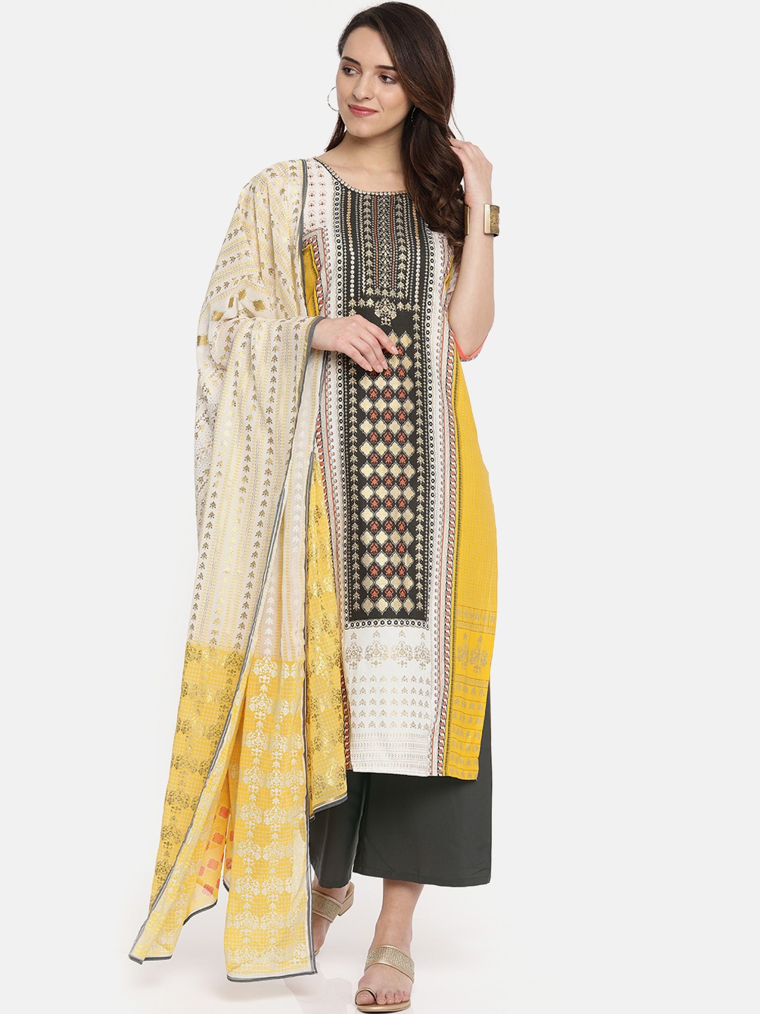 

AURELIA Women Yellow & Charcoal Printed Kurta with Palazzos & Dupatta With Embellishments