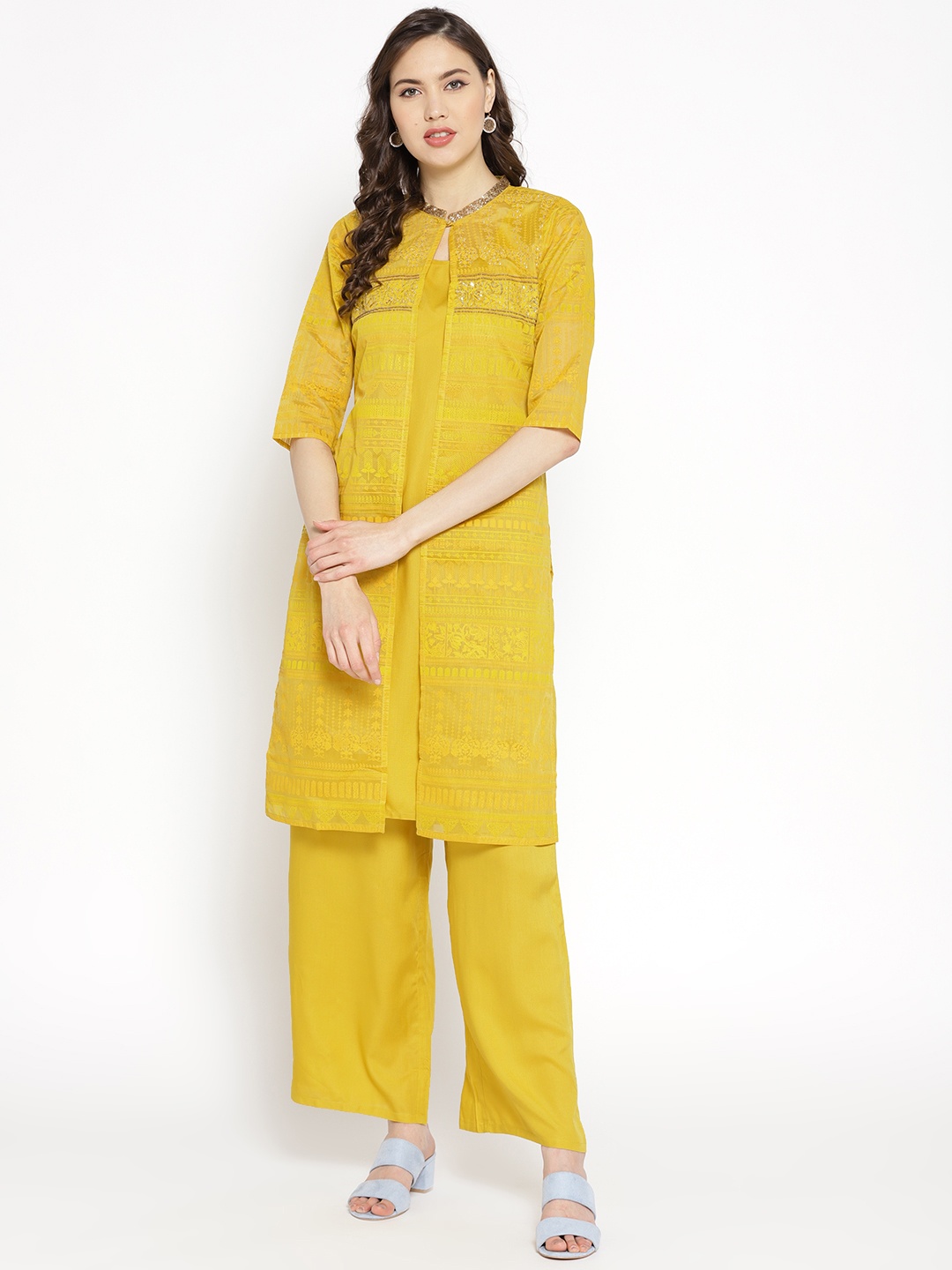 

AURELIA Women Mustard Yellow Kurta with Palazzos & Ethnic Jacket