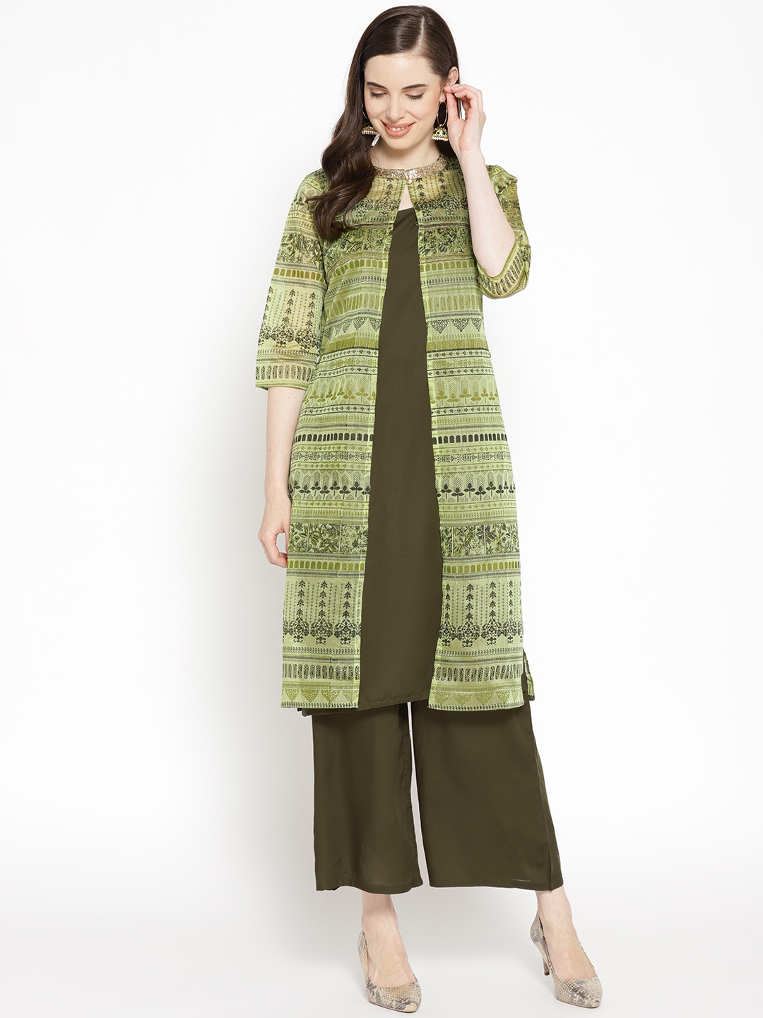 

AURELIA Women Green Kurta with Palazzos & Ethnic Jacket