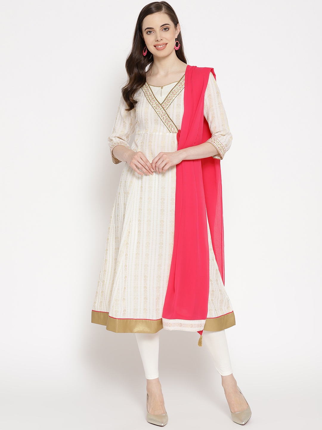 

AURELIA Printed Cotton Kurta with Churidar Leggings & Dupatta, Off white