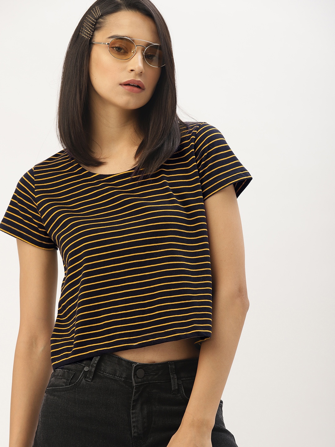 

Dressberry Basics Women Black & Yellow Striped Cropped Boxy Pure Cotton Top