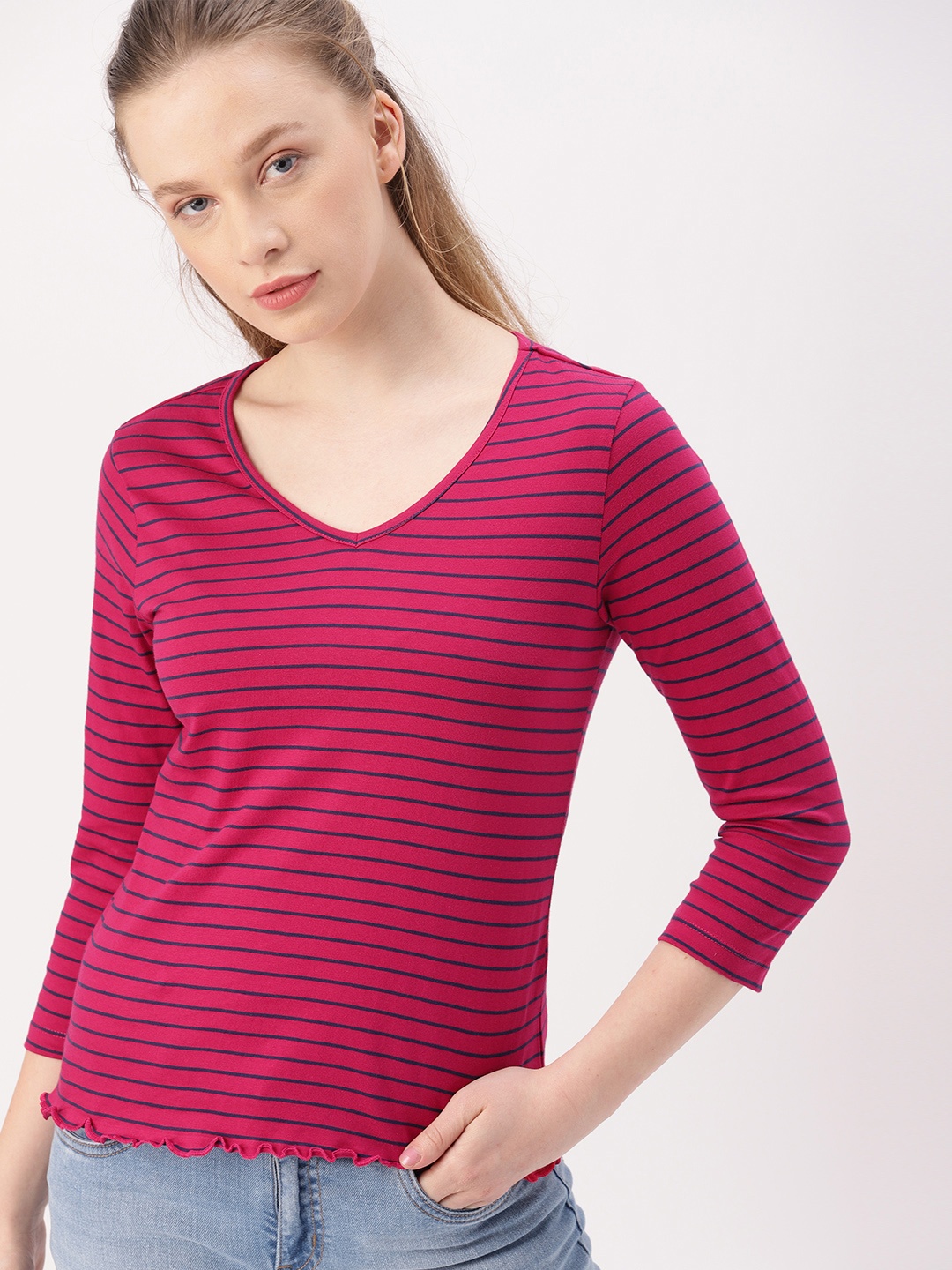 

DressBerry Women Magenta & Blue Striped Pure Cotton Top