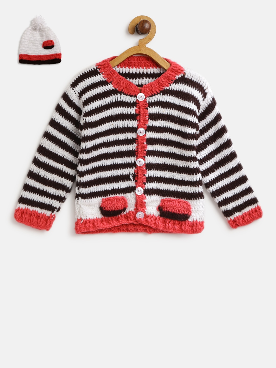 

CHUTPUT Kids Off-White & Brown Woollen Striped Cardigan with Beanie