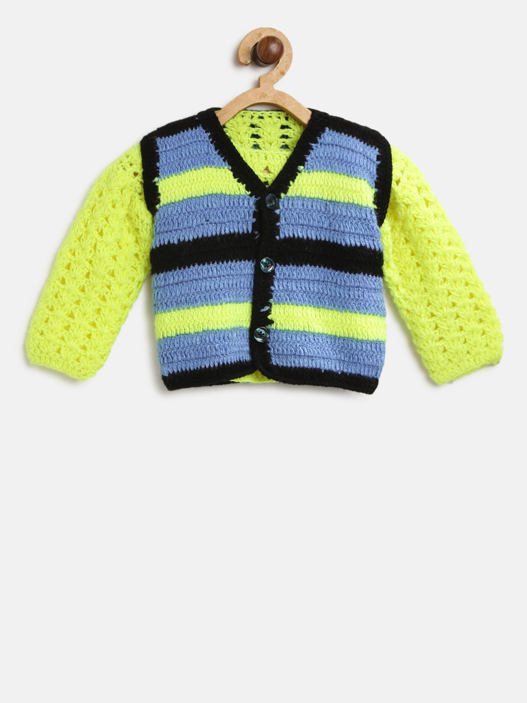 

CHUTPUT Kids Fluorescent Green Woollen Open Knit Pullover with Striped Sweater Vest