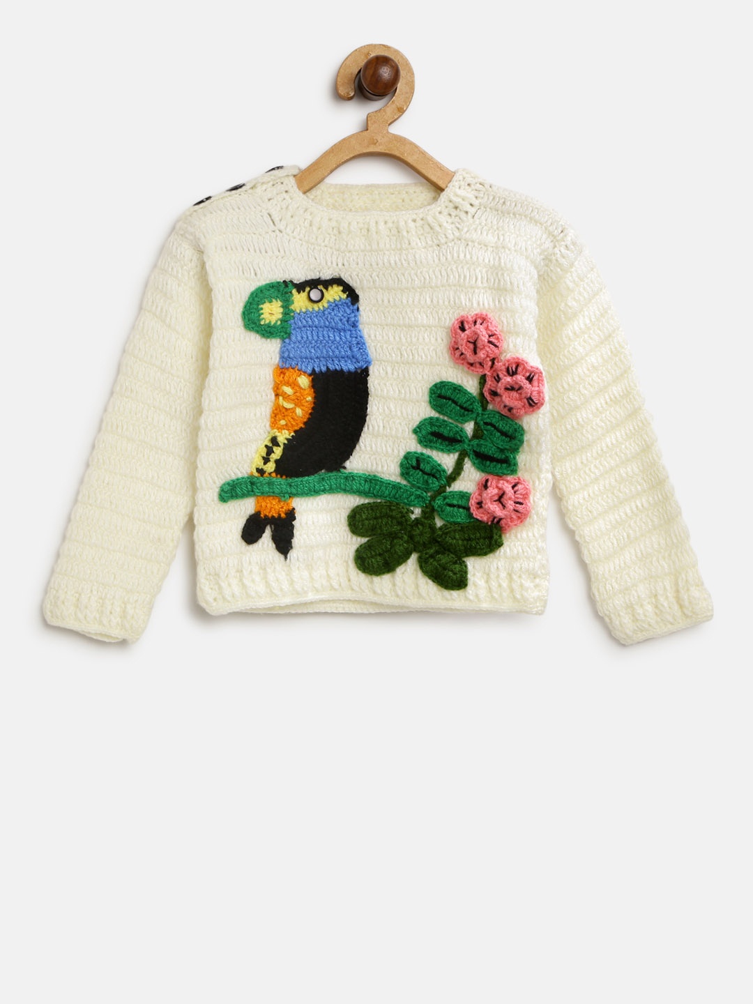 

CHUTPUT Kids Cream-Coloured & Green Woollen Applique Pullover