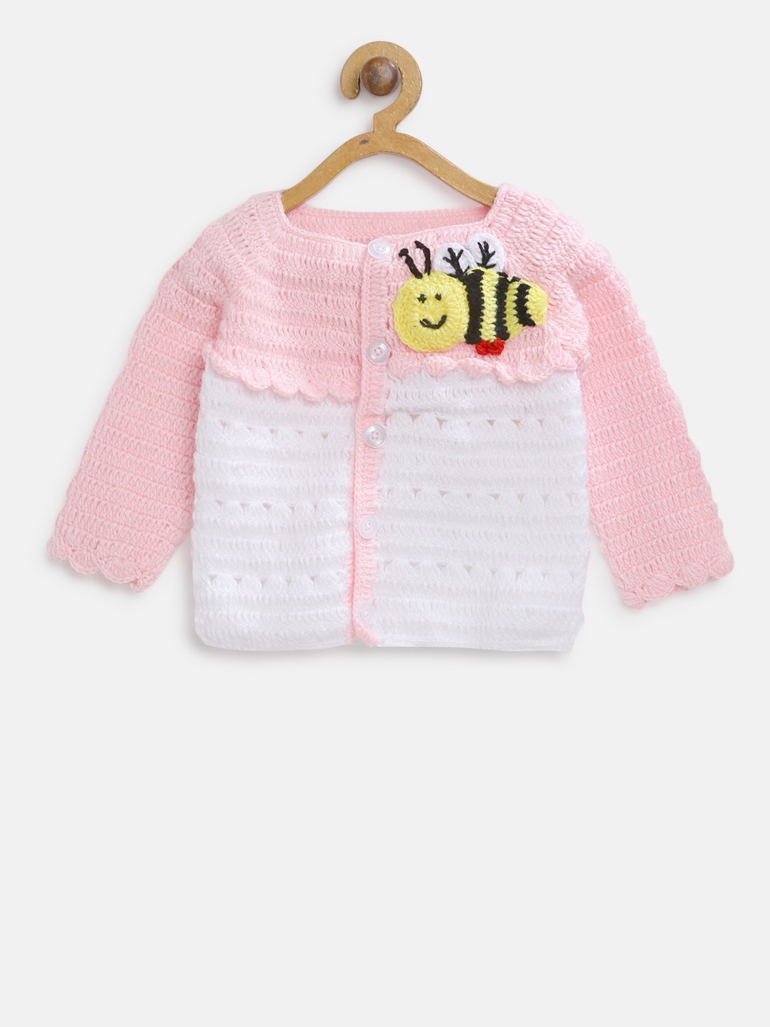 

CHUTPUT Kids Pink & White Woollen Colourblocked Cardigan