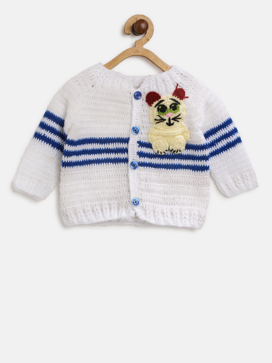 

CHUTPUT Kids White & Blue Woollen Striped Cardigan