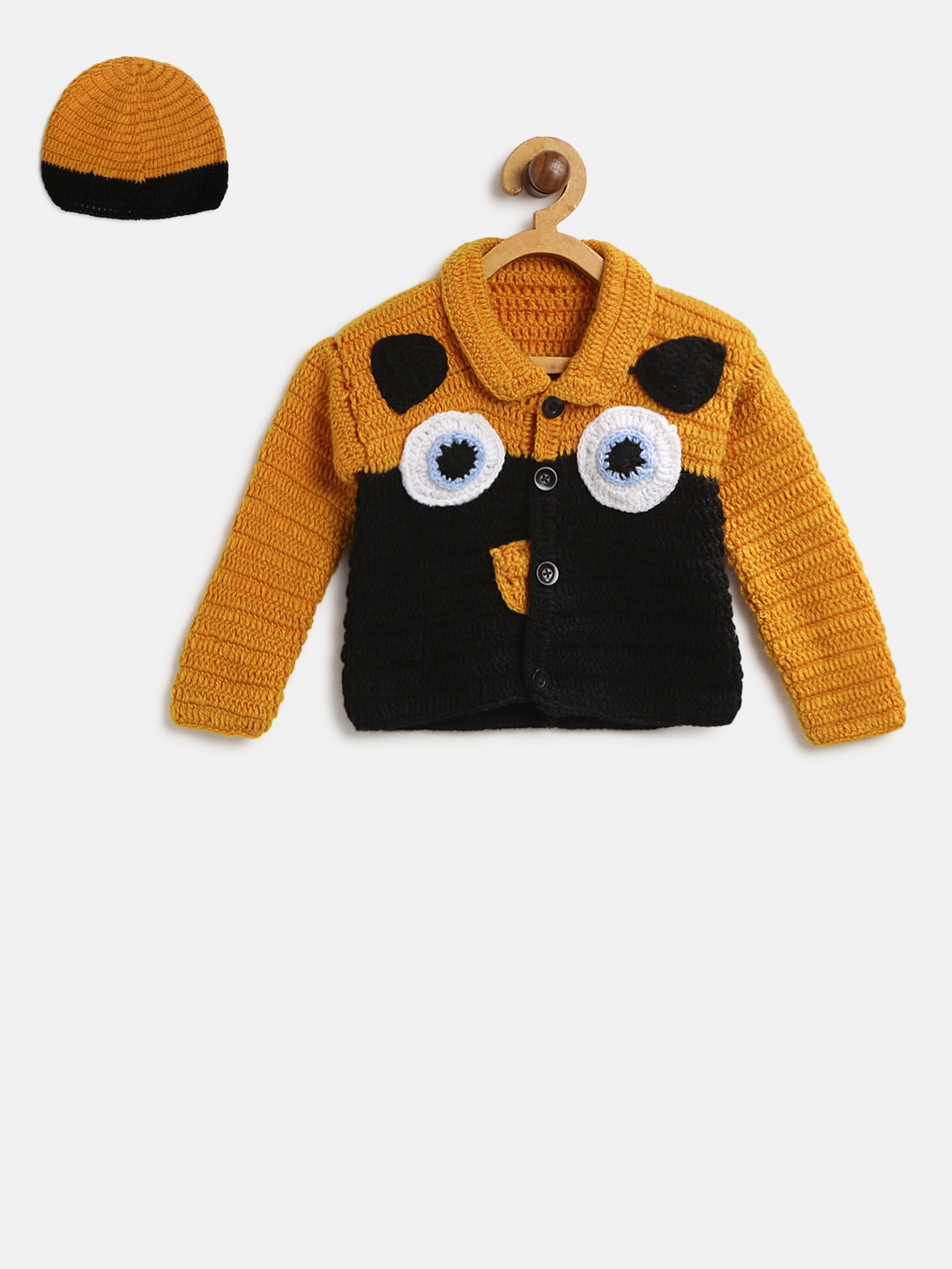 

CHUTPUT Kids Mustard Brown & Black Woollen Colourblocked Cardigan with Beanie