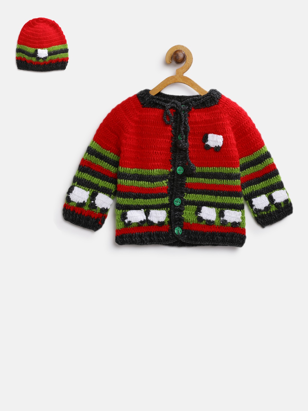 

CHUTPUT Kids Red & Green Woollen Striped Cardigan with Beanie
