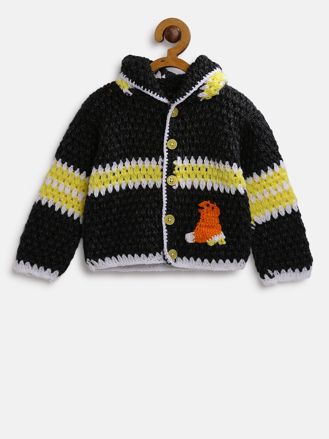 

CHUTPUT Kids Charcoal Grey & Yellow Woollen Self-Design Hooded Cardigan