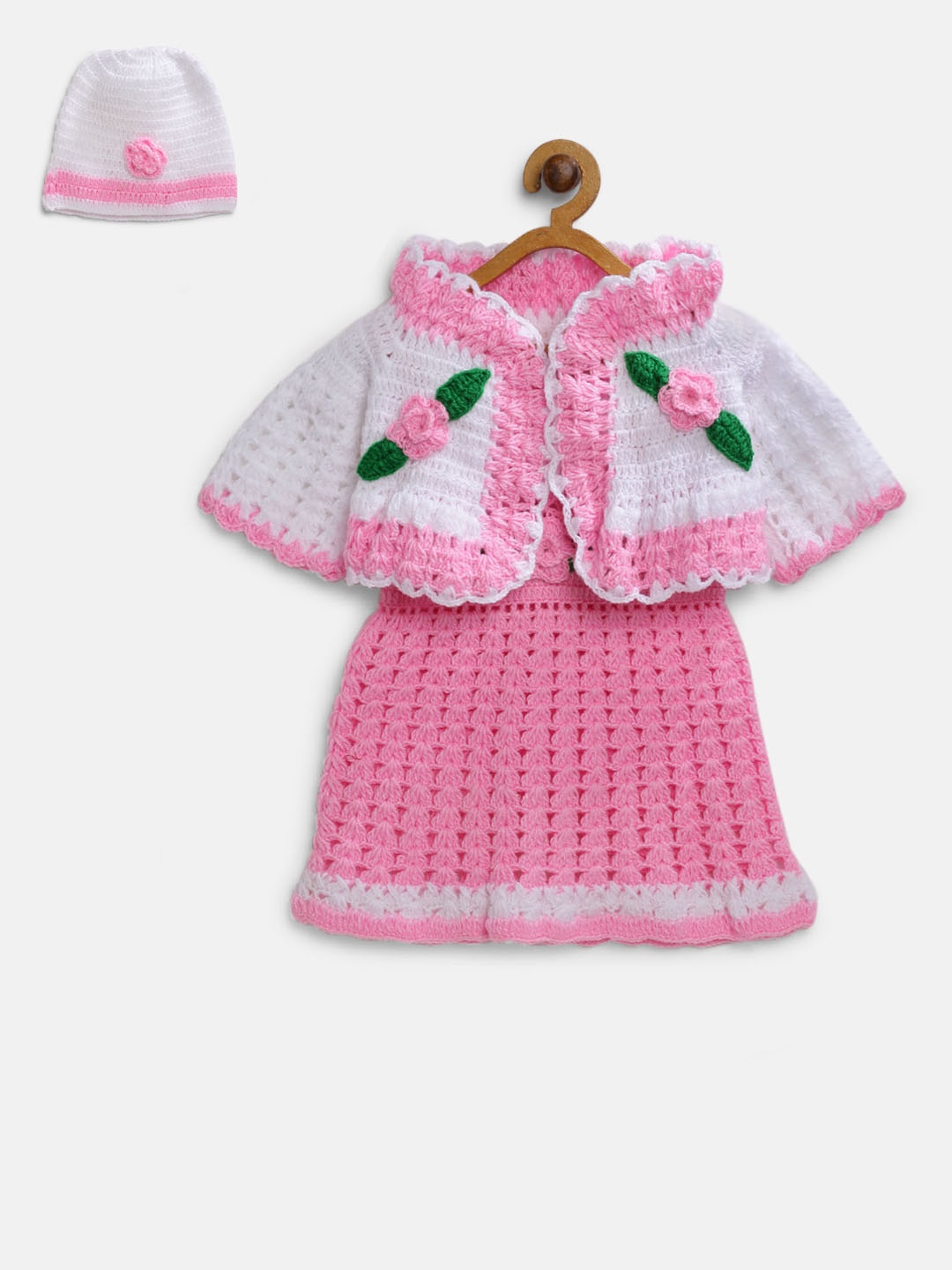 

CHUTPUT Girls Pink & White Self Design Sweater Dress with Shrug
