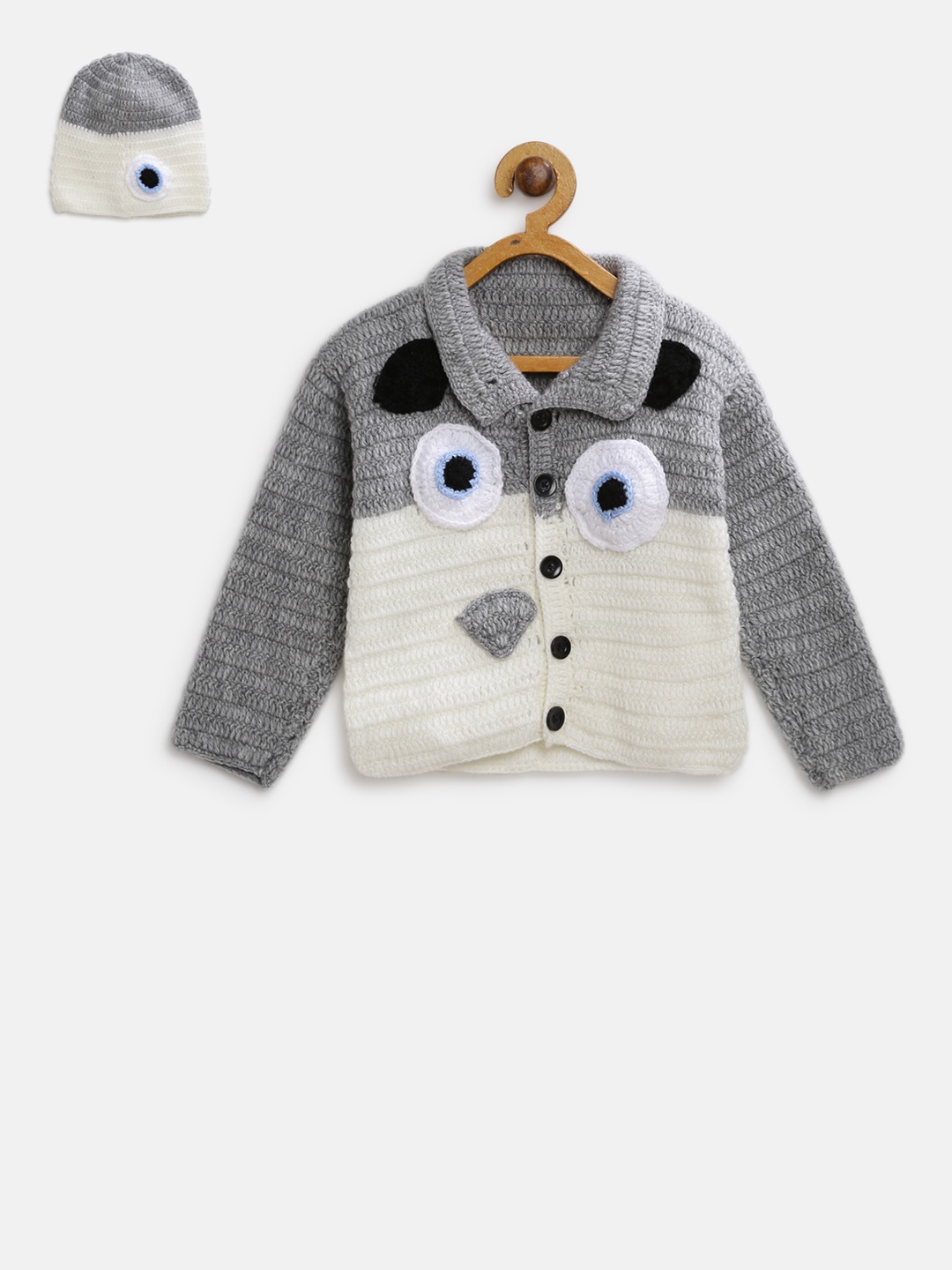 

CHUTPUT Kids White & Grey Woollen Colourblocked Cardigan with Beanie